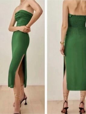 Reformation Lore Ruched Strapless Kelly Green Midi Dress Size 8 B1782